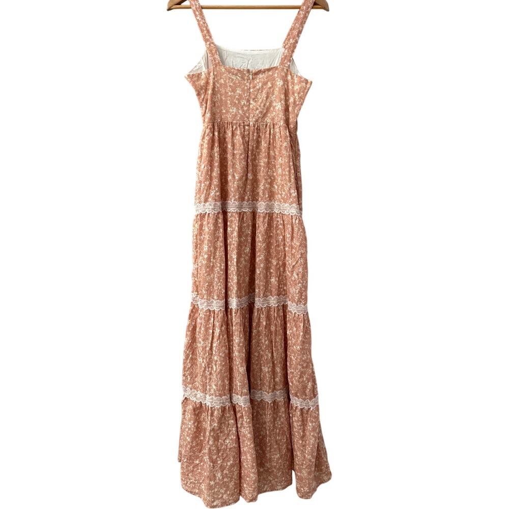 Aura Floral Eyelet Lace Sleeveless Tiered Maxi Dress Pink Pockets Size XS - Picture 10 of 11